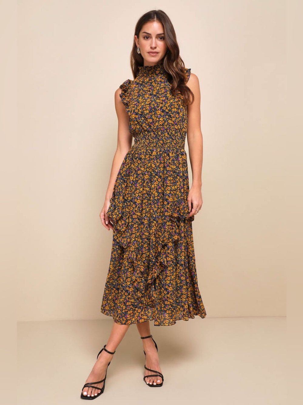 Lulus Evalina Mustard Yellow Floral Print Mock Neck Midi Dress Size Large NWOT